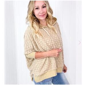 NEW Easel Puff Textured Hacci Knit Teddy Pullover 1/4 sleeve Hoodie Sand Women S
